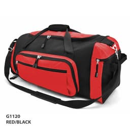 A duffle bag in red and black with multiple zippered pockets and a shoulder strap. It features a branding logo.