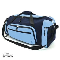 A duffle bag in sky blue and navy, featuring multiple zippered pockets and a shoulder strap.