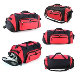 A duffle bag featuring black and red colours, with multiple zippered pockets and a removable shoulder strap.