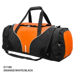 An orange, white, and black duffle bag featuring dual handles and a shoulder strap, with a logo.