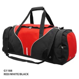 A red, white, and black inline sports bag with dual handles and a removable shoulder strap. Features a logo.