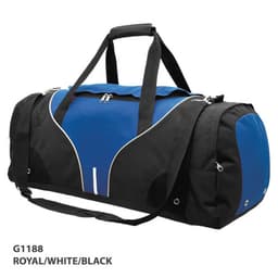 A blue, white, and black duffle bag with dual handles and a shoulder strap, featuring zippers and pockets.