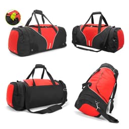 A black and red duffle bag with multiple angles displayed, featuring handles and a shoulder strap. Contains a logo.
