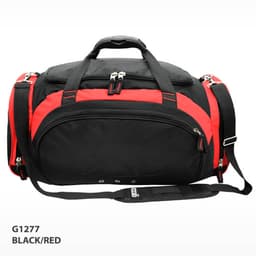 A duffle bag in black and red, featuring multiple zippers and a shoulder strap. It has a logo on it.