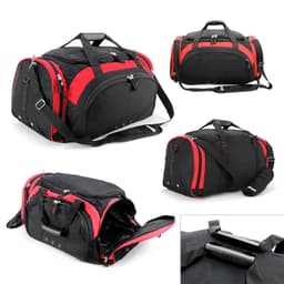 A black duffle bag with red accents, featuring multiple compartments and a shoulder strap, plus a logo.