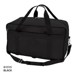 A black Estelle Sports Bag with dual handles, a shoulder strap, and multiple pockets. It has a logo on the front.