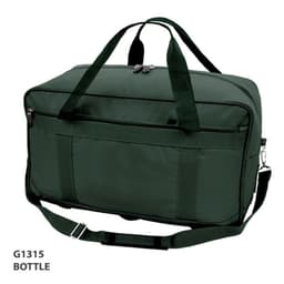 A dark green duffle bag with dual handles and an adjustable shoulder strap, featuring a logo and multiple compartments.