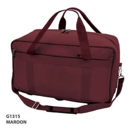 A maroon duffle bag with dual handles, a shoulder strap, and a front pocket. It features a logo.