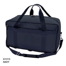 A navy blue duffle bag with dual handles, a shoulder strap, and multiple compartments. It features a logo.