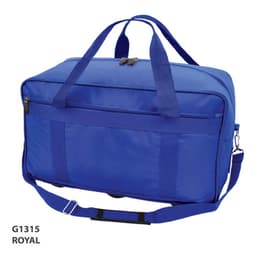 A royal blue duffle bag with dual handles and a detachable shoulder strap, featuring exterior pockets and a branding logo.