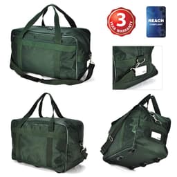 A dark green duffle bag with multiple handles and a logo, featuring a zip closure and side pocket.
