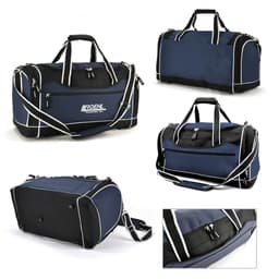 A navy and black duffle bag with multiple compartments and a logo, featuring dual handles and an adjustable strap.