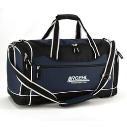 A navy and black duffle bag with multiple zippered compartments and an adjustable shoulder strap, featuring branding.