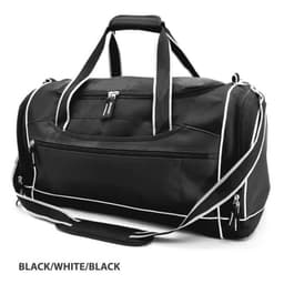 A black duffle bag with white accents, featuring multiple zip pockets and a shoulder strap.