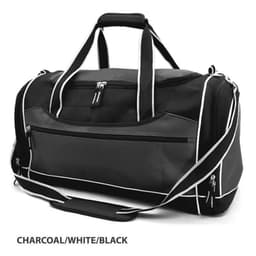 A charcoal, white, and black duffle bag with a logo, featuring a main compartment and exterior pockets.