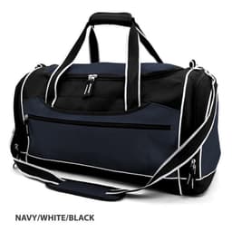 A navy, white, and black duffle bag with multiple compartments and a shoulder strap. Features a logo.