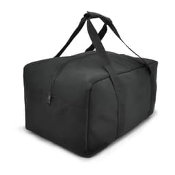 A black duffle bag with dual handles and a zippered top. It features a main compartment and has a logo.