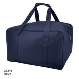 A navy duffle bag with sturdy handles and a zippered pocket, featuring branding on the side.