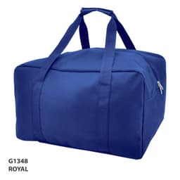 A royal blue duffle bag with dual handles and a zippered closure, featuring a logo.