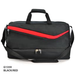 A black duffle bag with red accents, featuring a front zip pocket and a shoulder strap. Brands logo present.