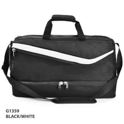 A black and white duffle bag with multiple zippers and a shoulder strap. Features a logo on the front.