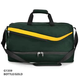 A green duffle bag with a gold stripe, featuring multiple zippered pockets and a detachable shoulder strap.