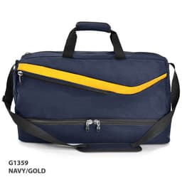 A navy duffle bag with gold accents and multiple zippered pockets, featuring a logo on the front.