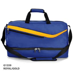 A royal blue duffle bag with a gold accent and a branding logo, featuring multiple zippered pockets and a shoulder strap.