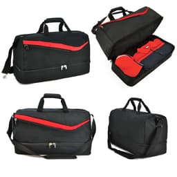 A black duffle bag with red accents, featuring a zippered opening and multiple carrying options. It has a logo.