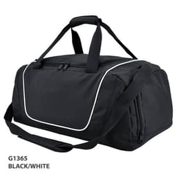 A black and white Hurley sports duffle bag with shoulder strap and top handles, featuring a logo.