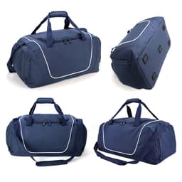 A blue duffle bag with white piping, featuring multiple handles and an adjustable strap. The bag has a logo.