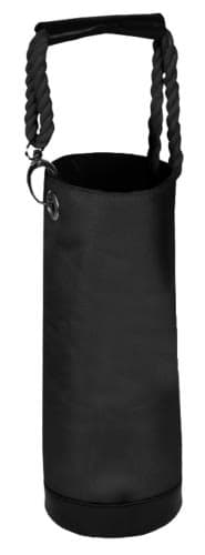 A black single wine cooler with a textured surface and a rope handle, featuring a metal ring.