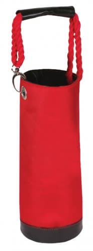 A drink bottle cooler in red, featuring a braided handle and a round base for stability. It has a branding logo visible.
