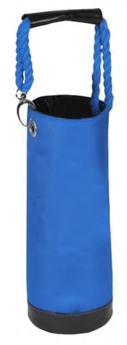 A blue wine cooler bag with a rope handle and a durable base, featuring an internal lining.