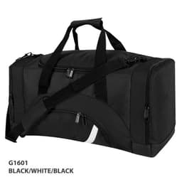 A black duffle bag with white accents, featuring handles, a shoulder strap, and multiple zippered compartments.