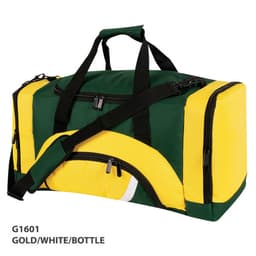 A green, gold, and white duffle bag with multiple zippered compartments and a shoulder strap. It features a logo.