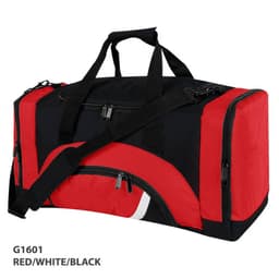 A duffle bag in red, white, and black with a shoulder strap and multiple zippered compartments. It features a logo.