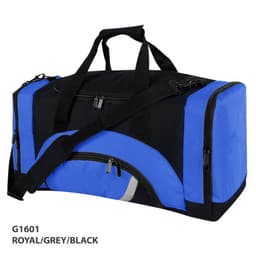 A duffle bag in royal blue, grey, and black with handles, a shoulder strap, and zippered compartments.
