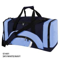 A navy, sky, and white duffle bag with a shoulder strap and multiple zip compartments. It features a logo.