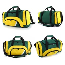 A green and yellow duffle bag with dual handles and a front pocket, featuring a logo.