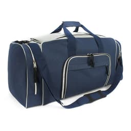 A navy blue duffle bag with white detailing, featuring multiple zippered pockets and an adjustable strap.