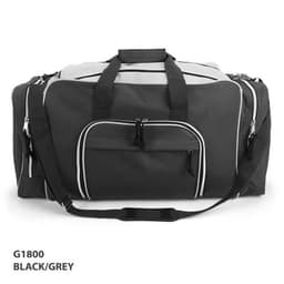 A black and grey deluxe sports bag with a shoulder strap and multiple zippered compartments. It features a logo.