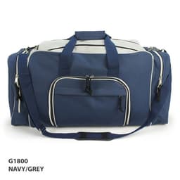 A navy and grey duffle bag with multiple zippered pockets and sturdy handles. It features a branding logo.