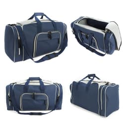 A navy blue duffle bag with white accents, featuring multiple handles and a zippered opening. It has a logo.
