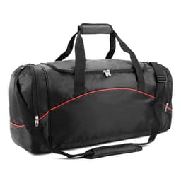 A black duffle bag with red accents, featuring dual handles and an adjustable shoulder strap. It has a logo on the side.