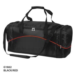 A black and red duffle bag with a zippered main compartment and dual carrying handles. It features a shoulder strap and a logo.