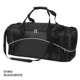 A black and white duffle bag with handles and a shoulder strap, featuring a logo.