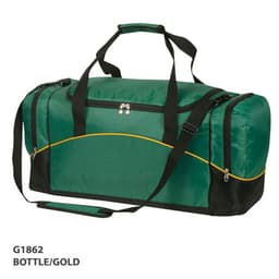 A bottle green and gold duffle bag with black accents and adjustable straps, featuring a branding logo.