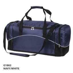 A navy and white duffle bag with multiple compartments, black accents, and a detachable shoulder strap.