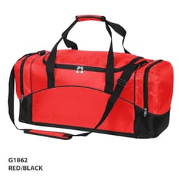 A red and black duffle bag with multiple handles and a shoulder strap, featuring a zippered closure and a logo.